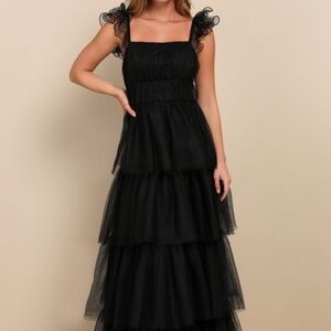 Lulus Tulle For Love Black Mesh Tulle Tiered Ruffled Maxi Dress - Size S